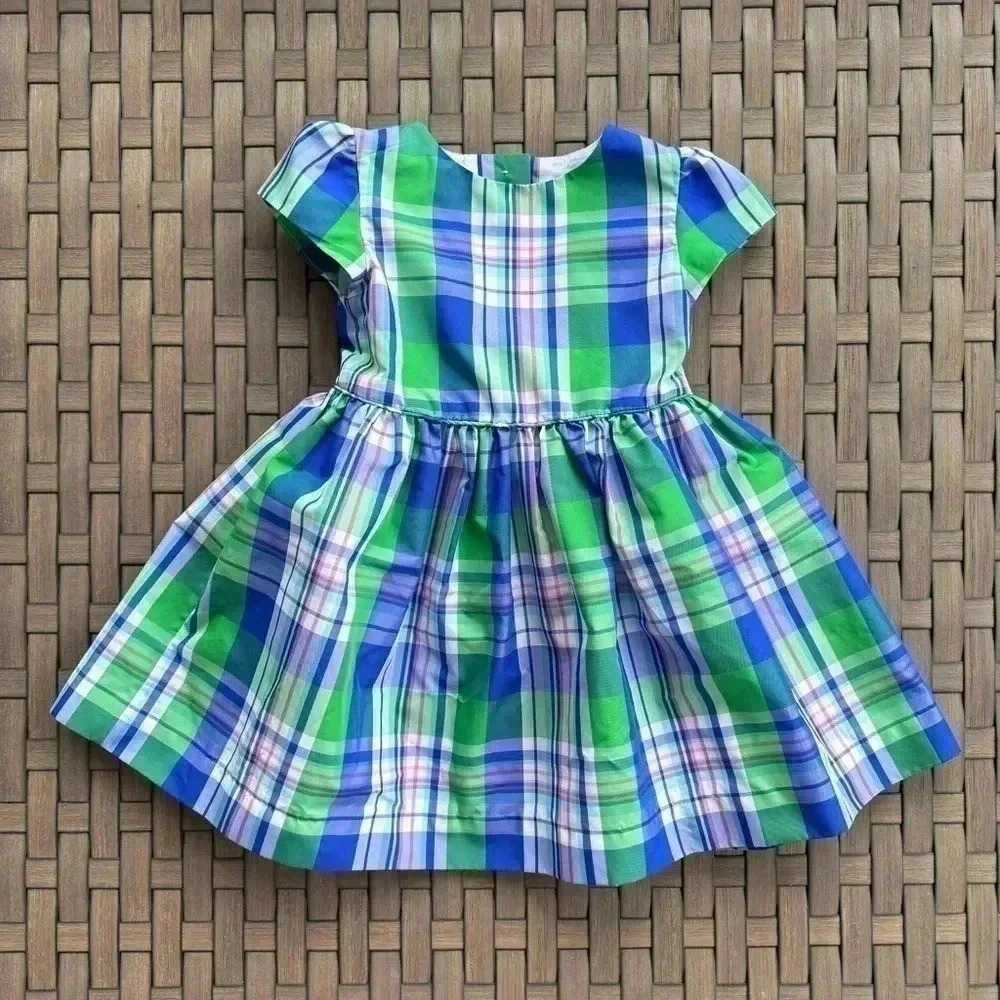 Ralph Lauren Baby Girls Plaid Taffeta Dress Size 12m‎ Green Blue